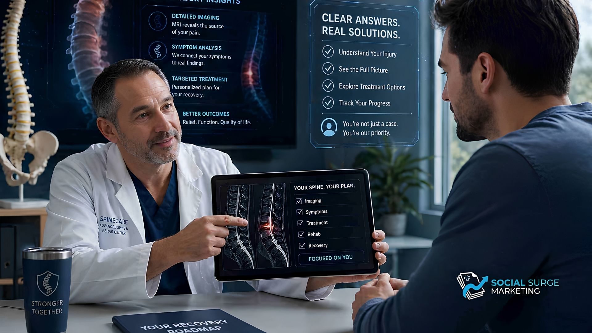 Doctor explaining spine injury MRI results to patient, showing how imaging and symptoms are connected in spine injury claims