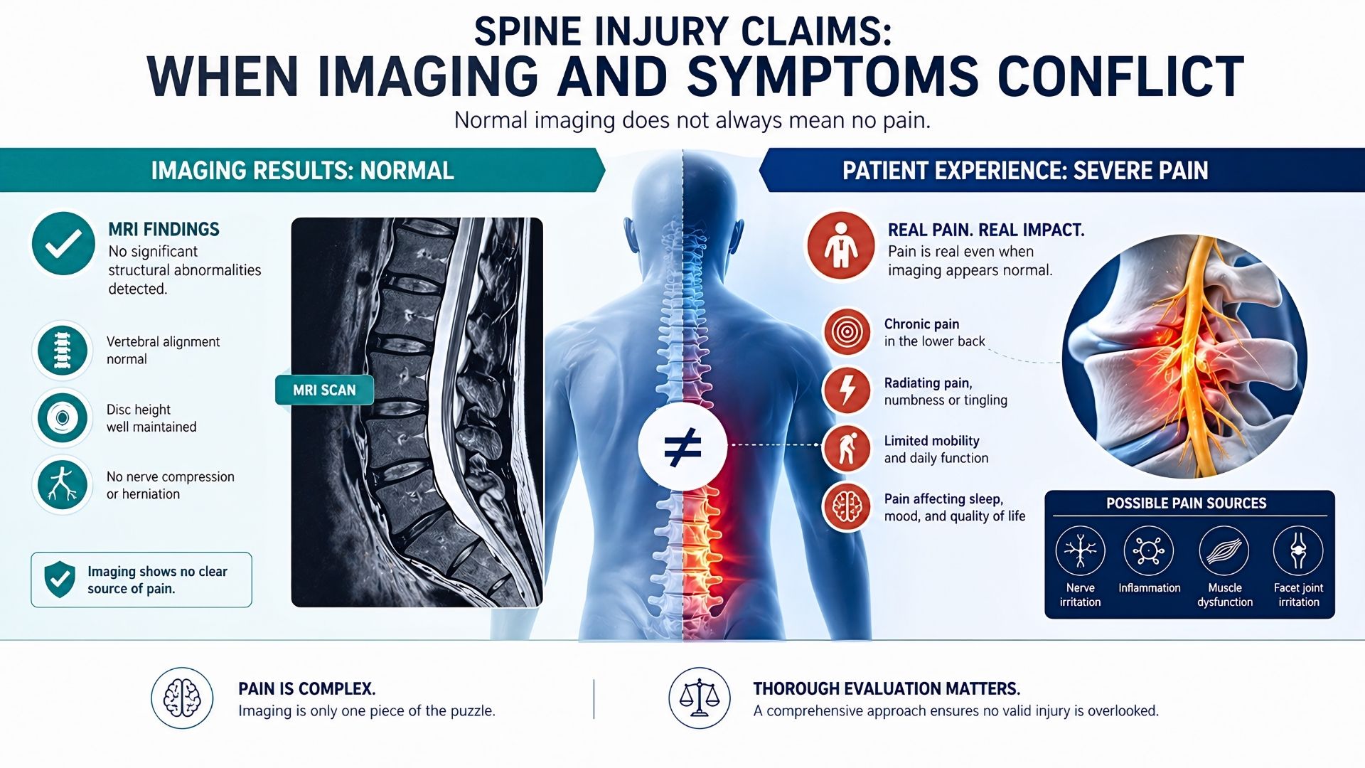 Spine injury claims infographic showing mismatch between normal MRI findings and severe back pain symptoms including nerve irritation and limited mobility