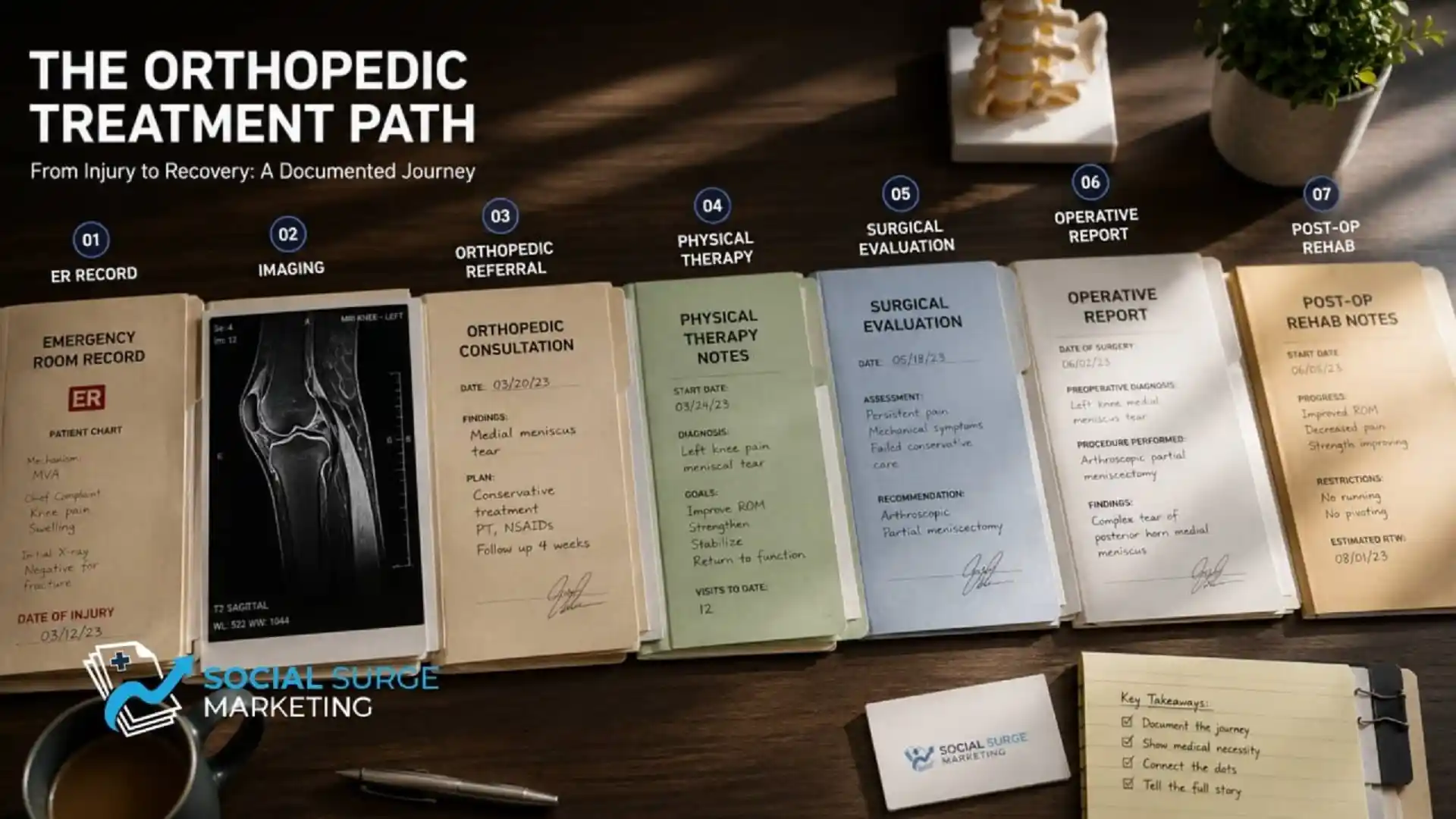 Orthopedic treatment path with medical records from ER visit to post-op rehab