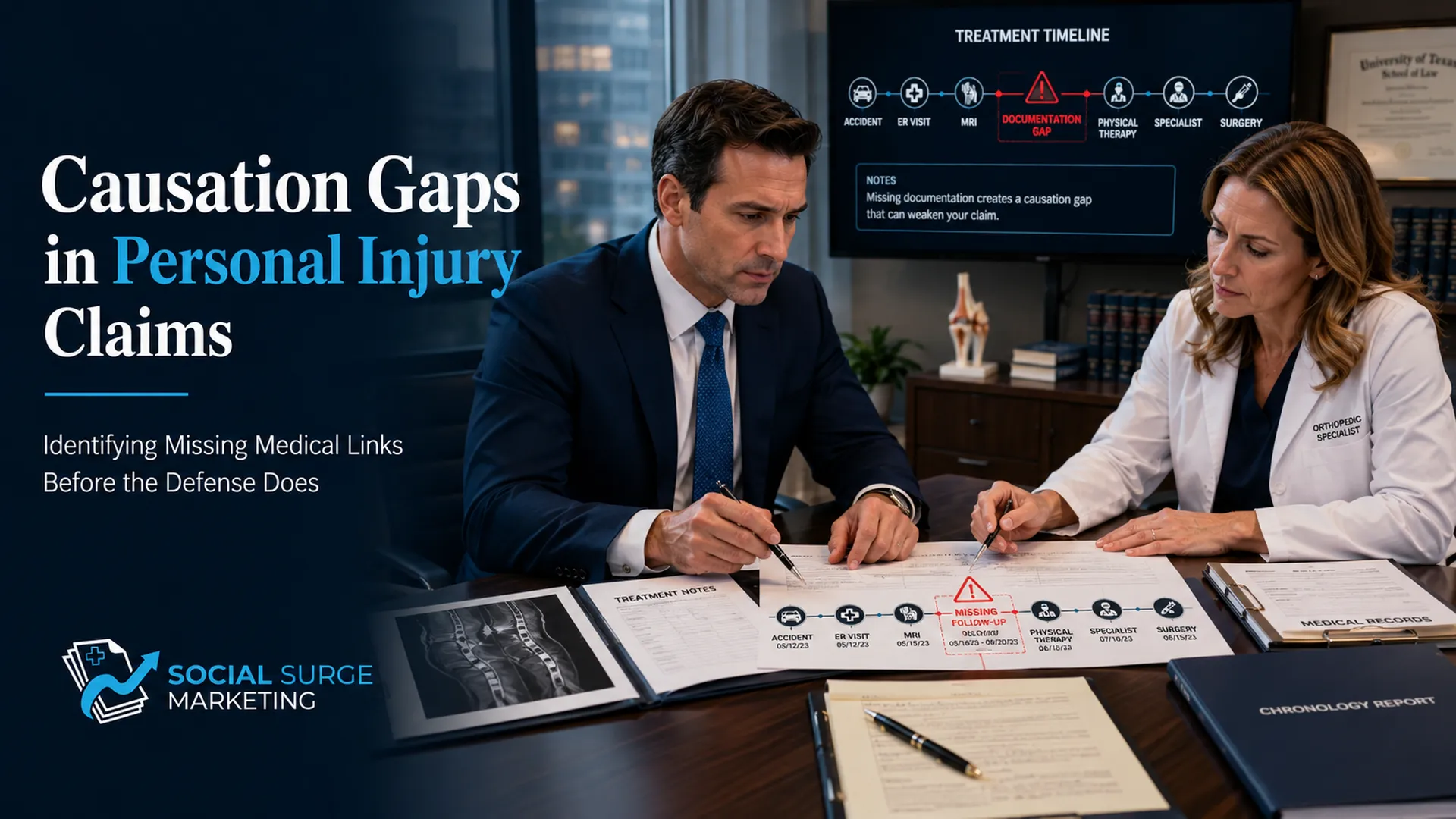 Causation gaps in personal injury claims with attorney and medical expert reviewing treatment records