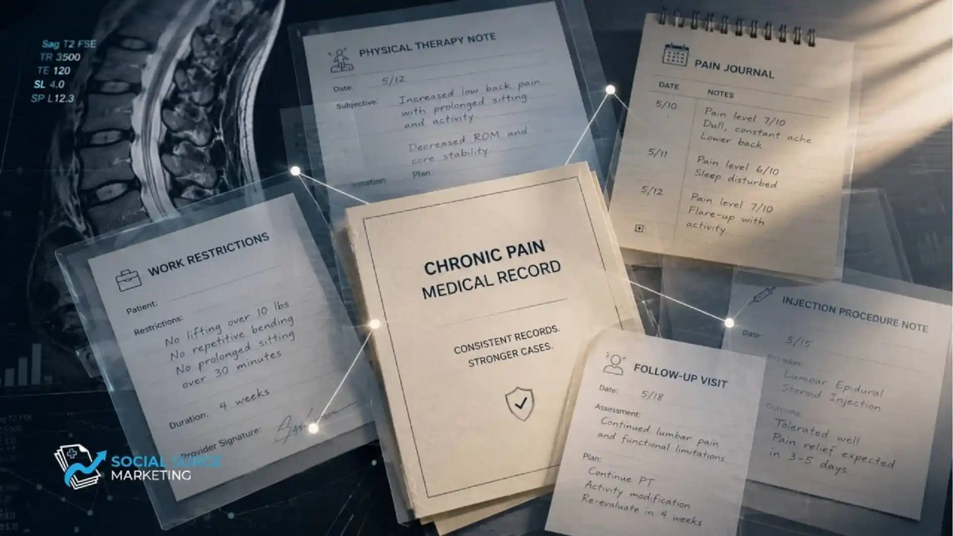 Chronic pain medical record with therapy notes, pain journal, work restrictions, follow-up visit, and injection documentation.