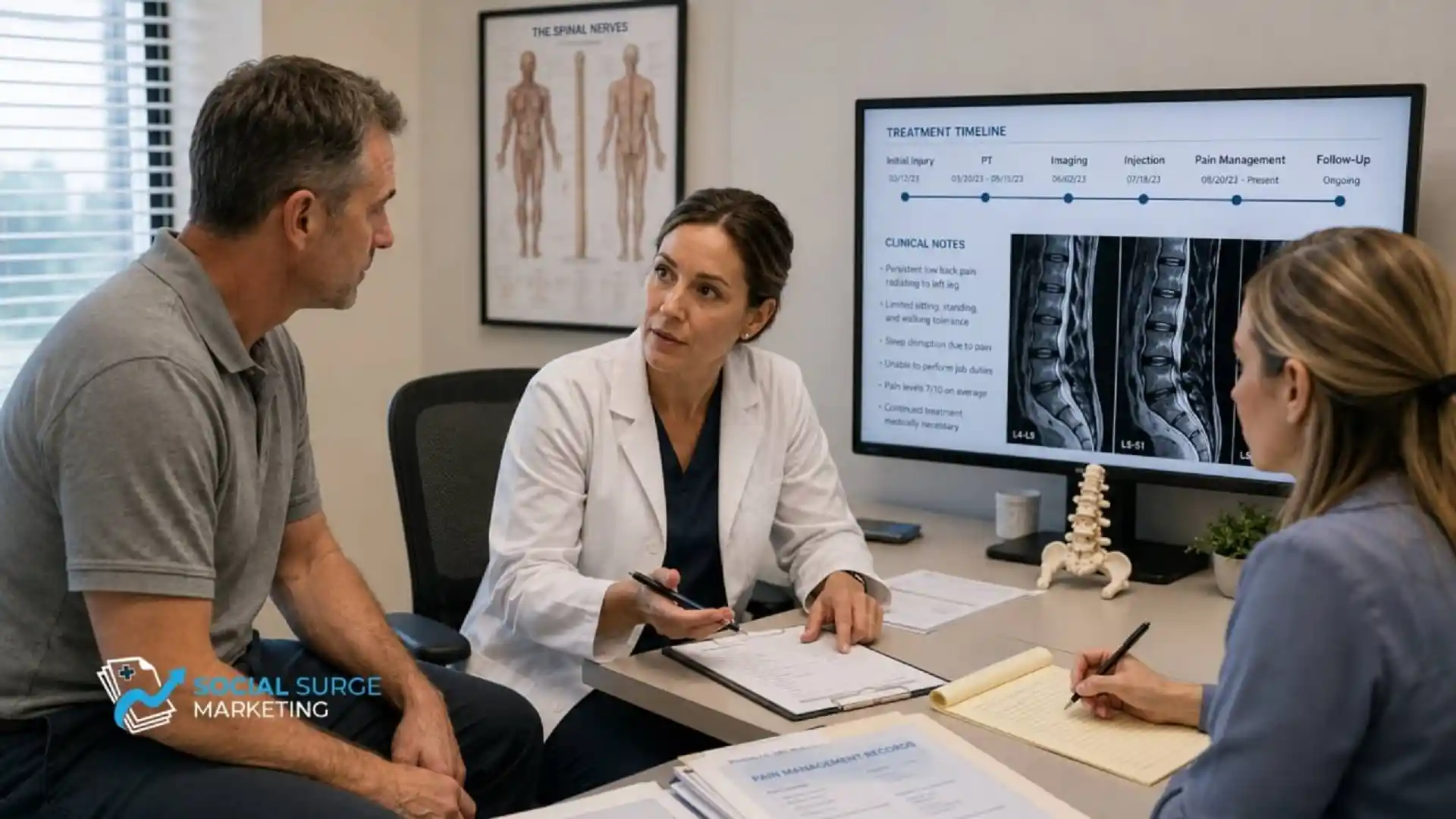 Provider reviewing a chronic pain treatment timeline, MRI findings, and clinical notes with a patient.