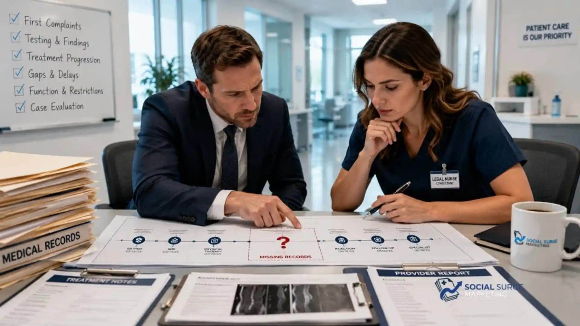 Chronology review for personal injury cases identifying missing records, treatment gaps, and case evaluation issues