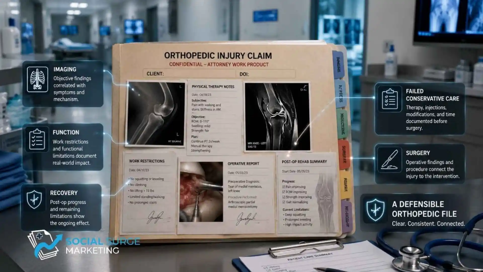 Defensible orthopedic injury claim file with imaging surgery records and recovery documentation