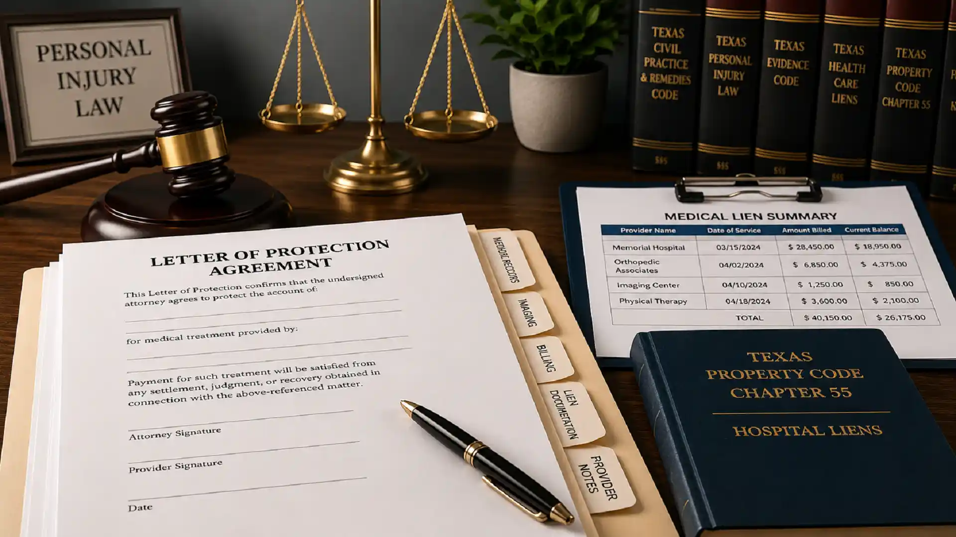Letter of protection agreement and medical lien records in a Texas personal injury case
