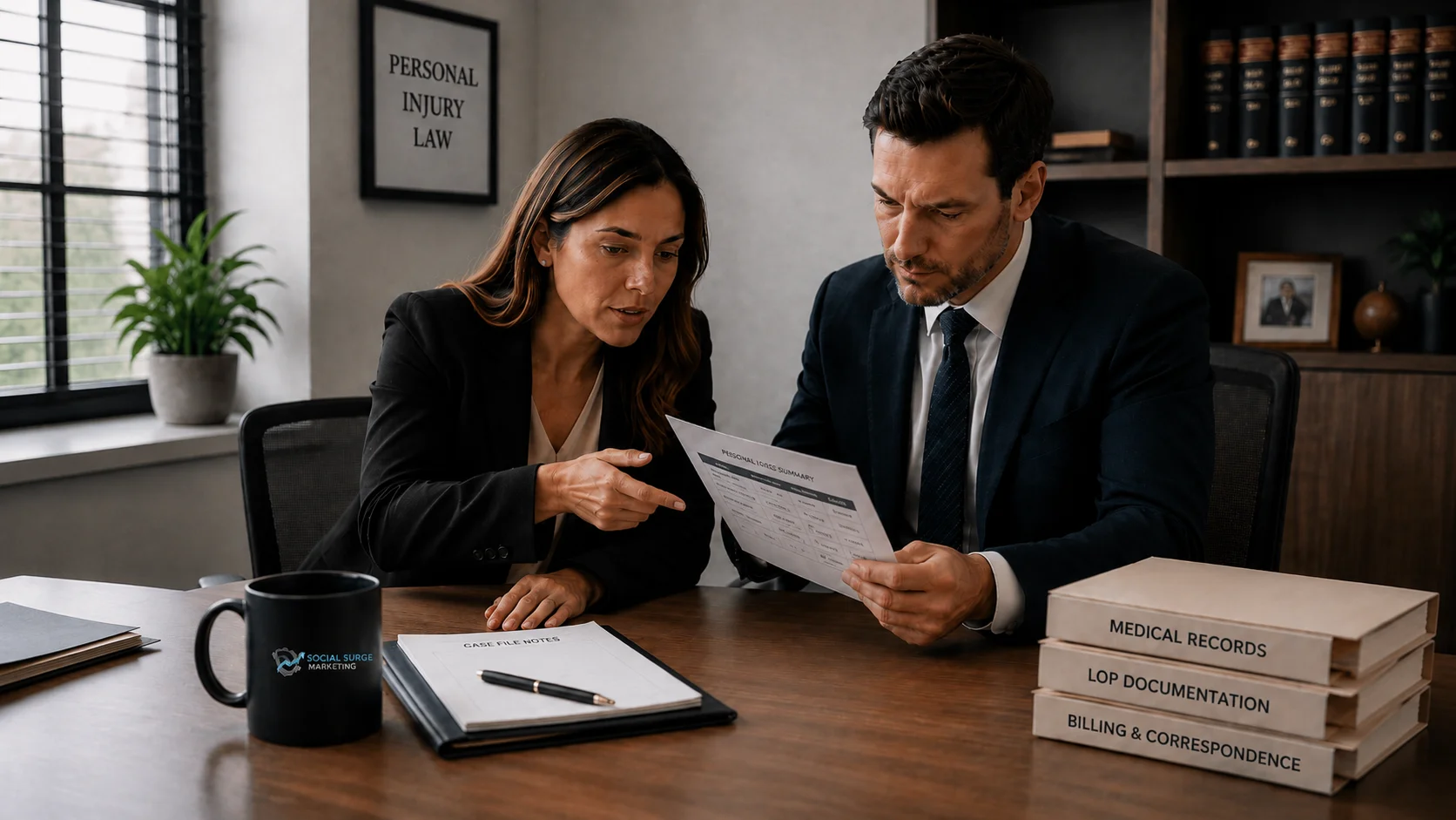 Personal injury law team reviewing medical records and LOP documentation for causation gaps