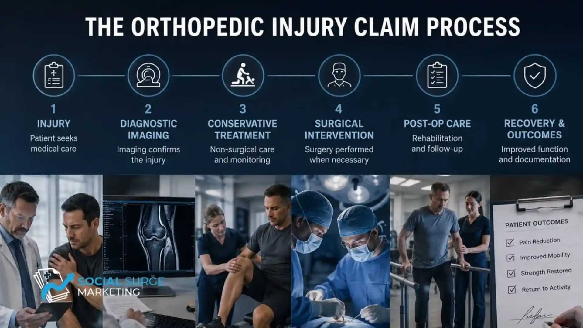 Orthopedic injury claim process from injury and imaging to surgery and recovery