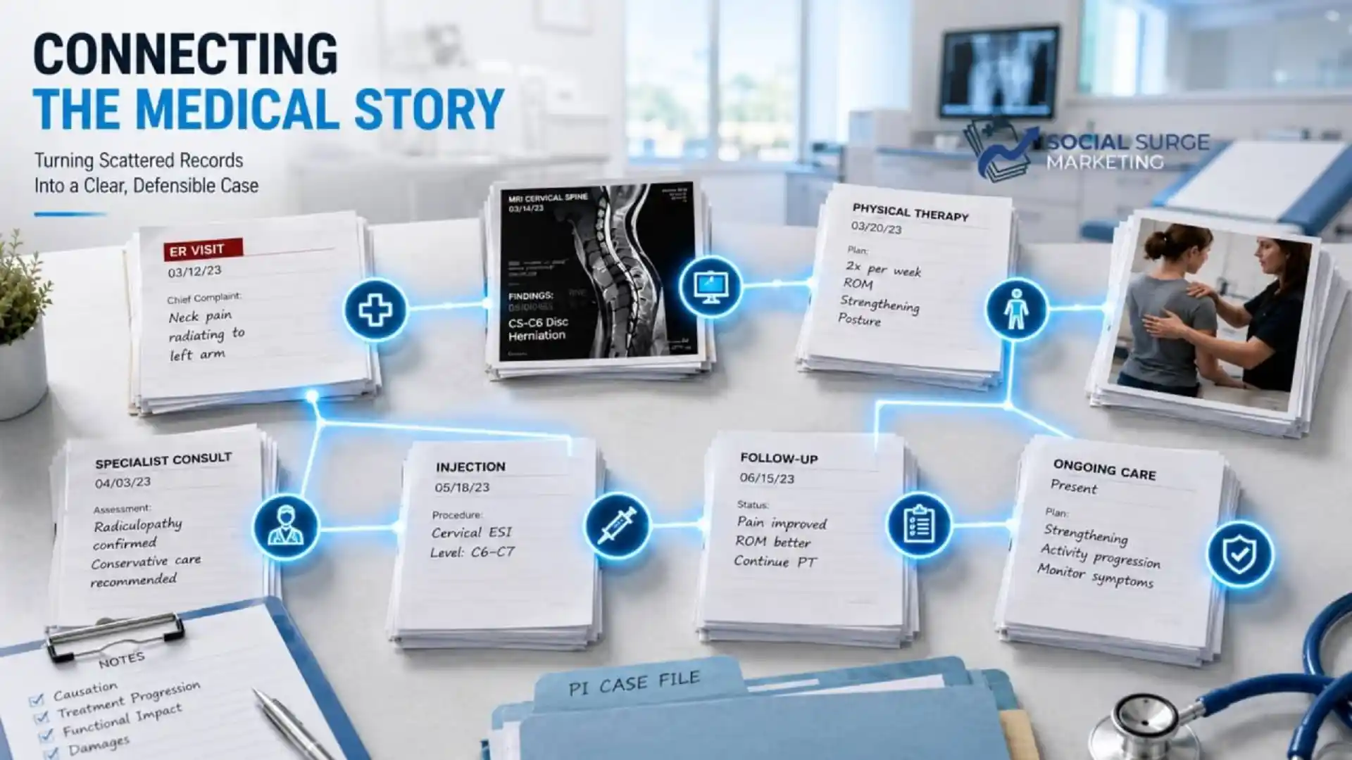 Personal injury medical timeline connecting ER visit, imaging, therapy, specialist care, injection, and follow-up records