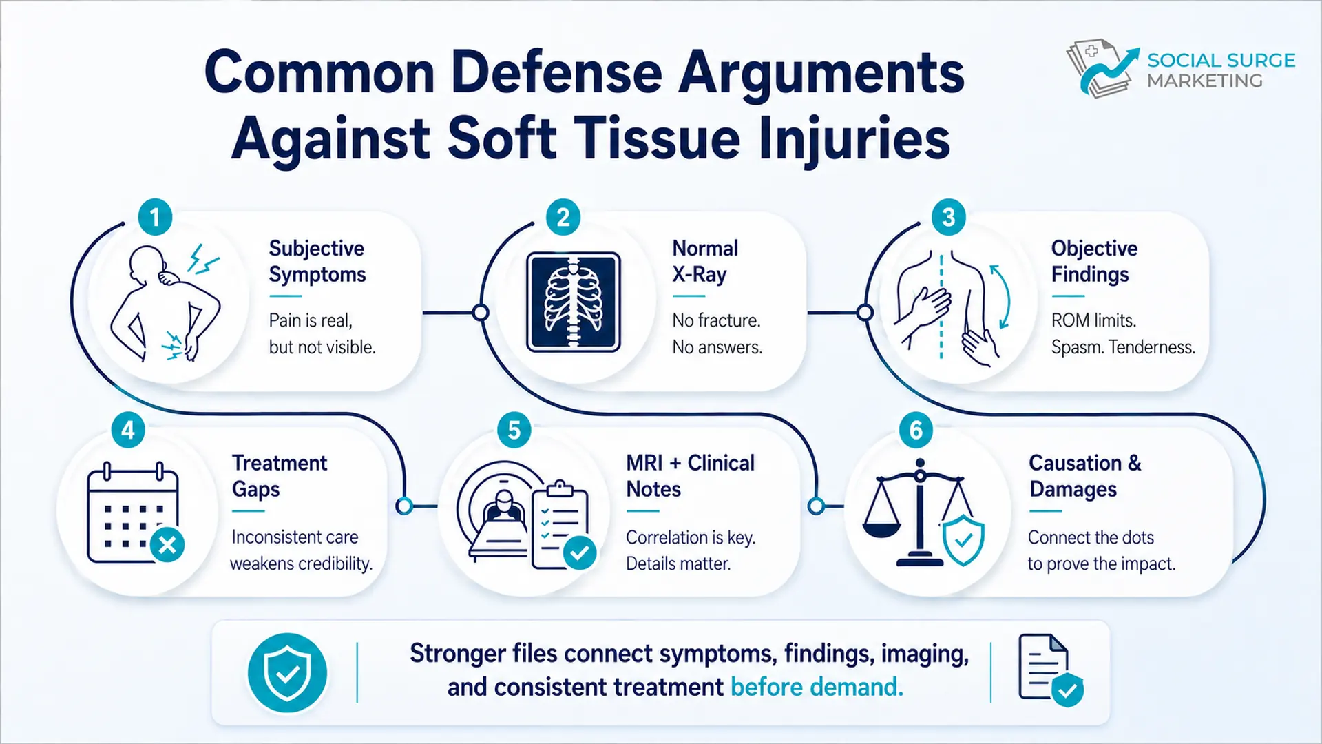 Infographic showing common defense arguments against soft tissue injuries, including subjective symptoms, normal X-rays, treatment gaps, and causation issues.