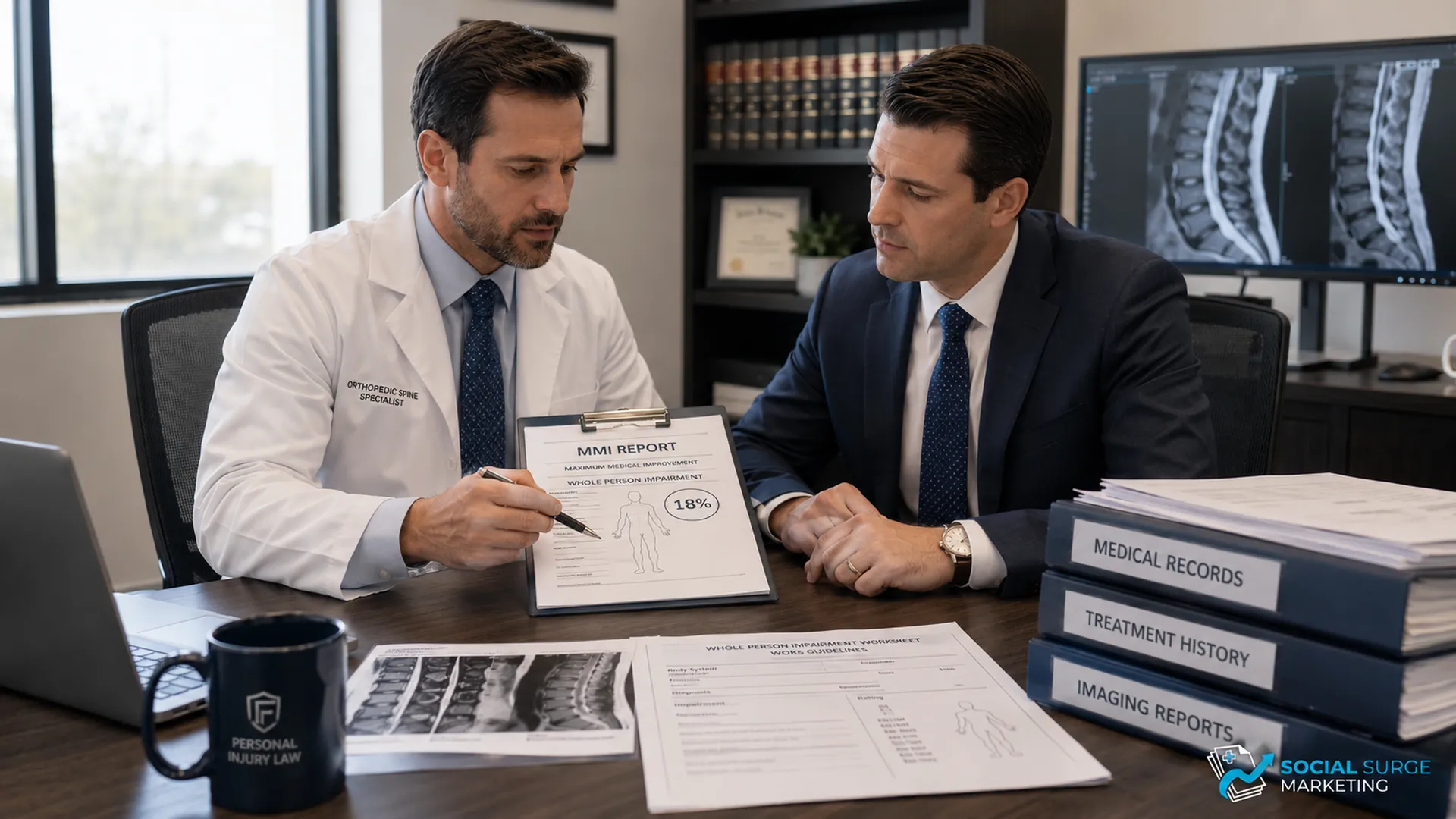 Doctor and Texas PI attorney reviewing an MMI and impairment rating report