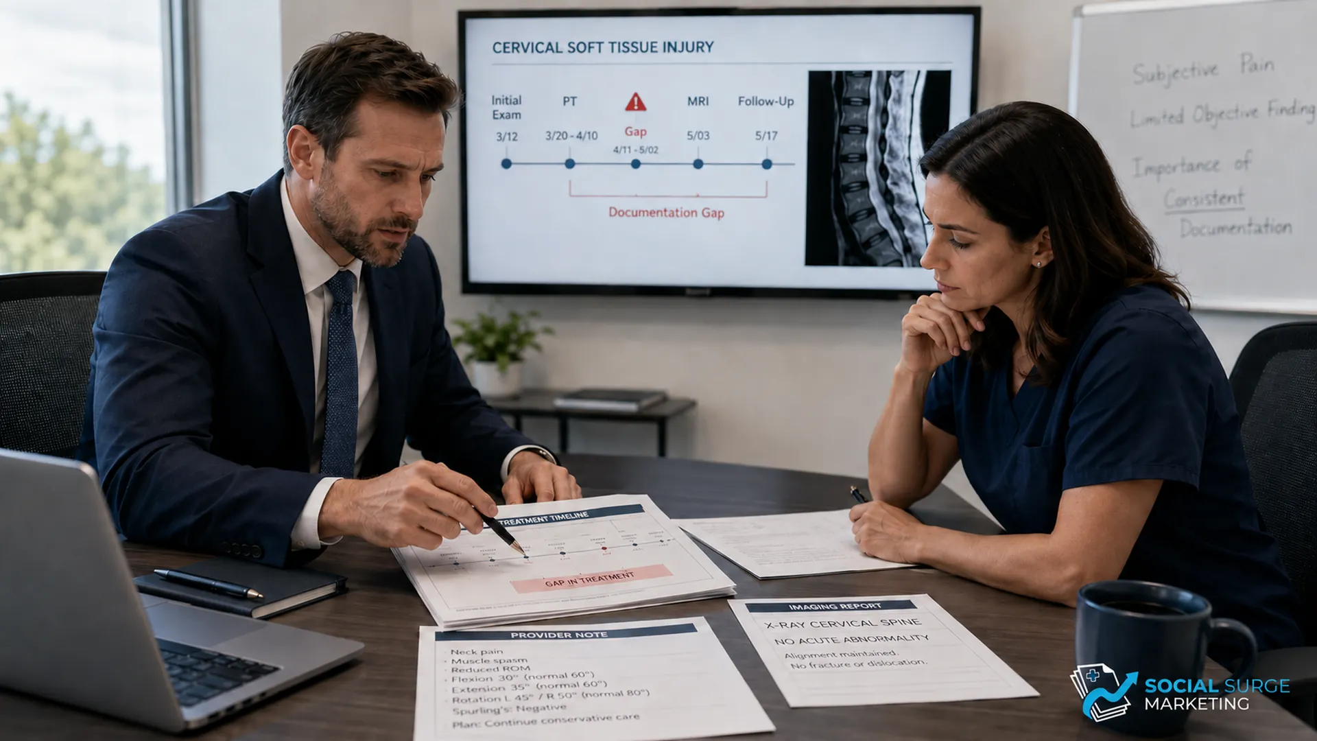 Texas personal injury attorney and medical professional reviewing soft tissue injury medical records, treatment timeline, imaging reports, and documentation gaps.